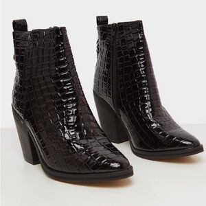 PLL - BLACK PATENT CROC COWBOY ANKLE BOOTS